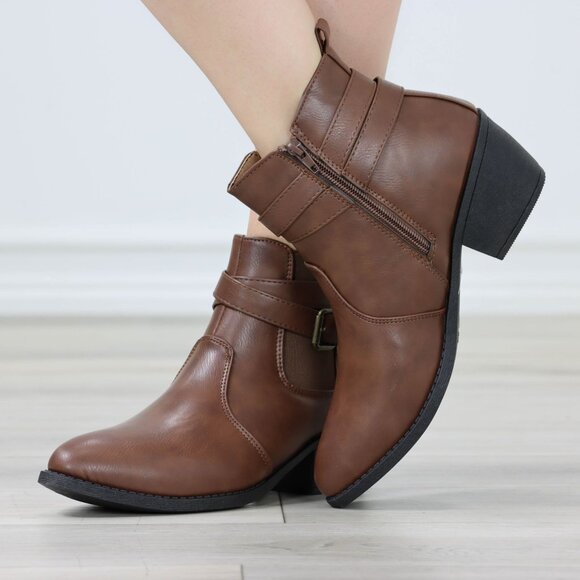 Brown Ankle Boots Buckle Strap Faux Leather Low Block Heel Side Zip - Picture 5 of 14